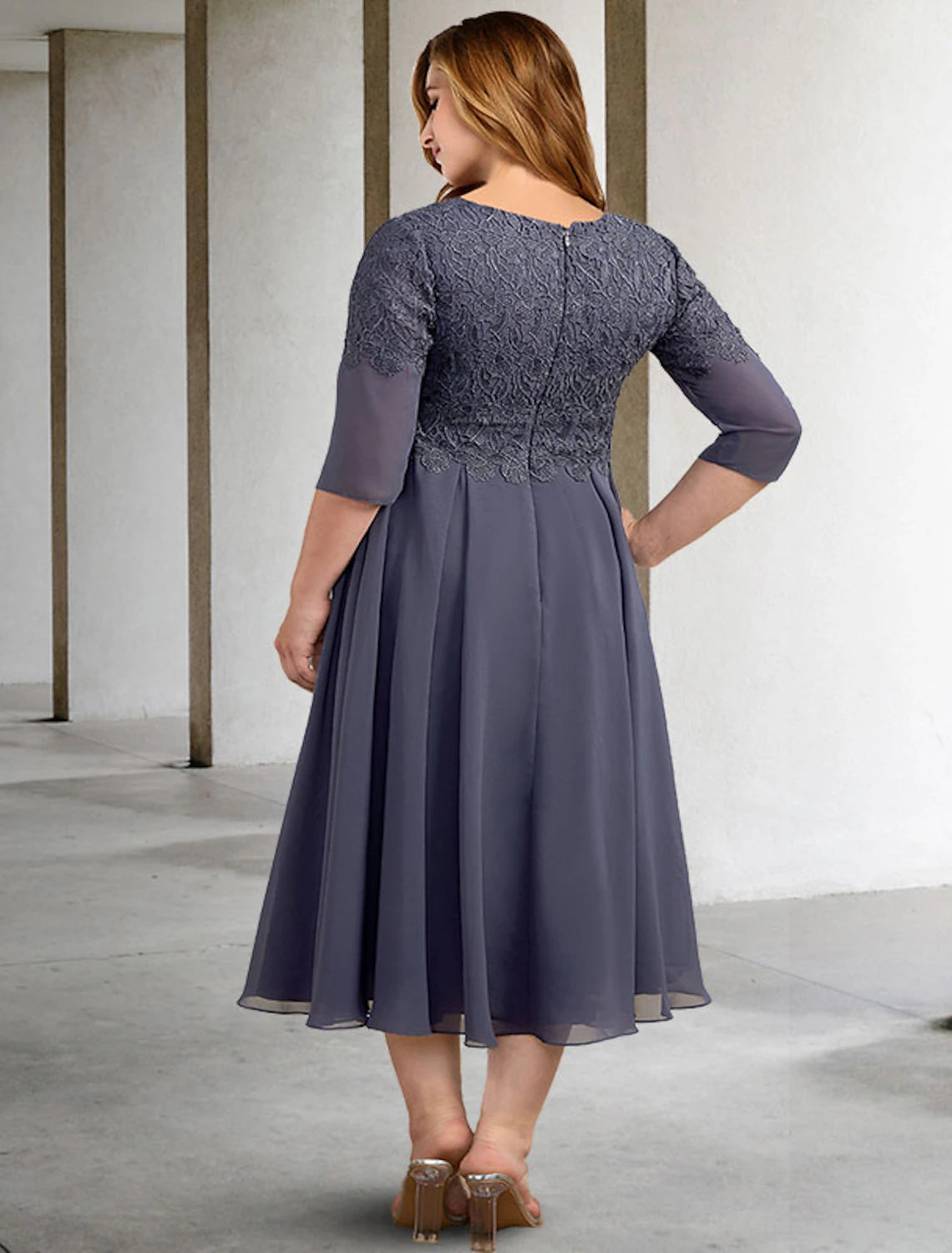 wholesale  A-Line Mother of the Bride Dresses Plus Size Hide Belly Curve Elegant Dress Formal Tea Length Half Sleeve V Neck Chiffon with Buttons Appliques Fall