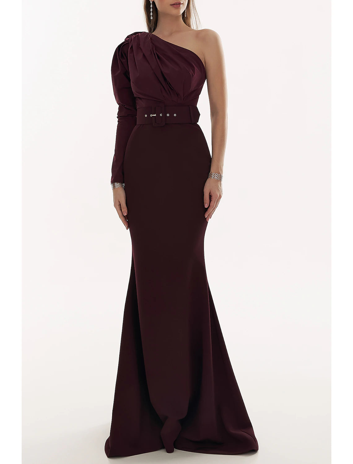 Wholesa Mermaid / Trumpet Evening Gown Elegant Dress Formal Fall Court Train Long Sleeve One Shoulder Stretch Fabric with Pleats