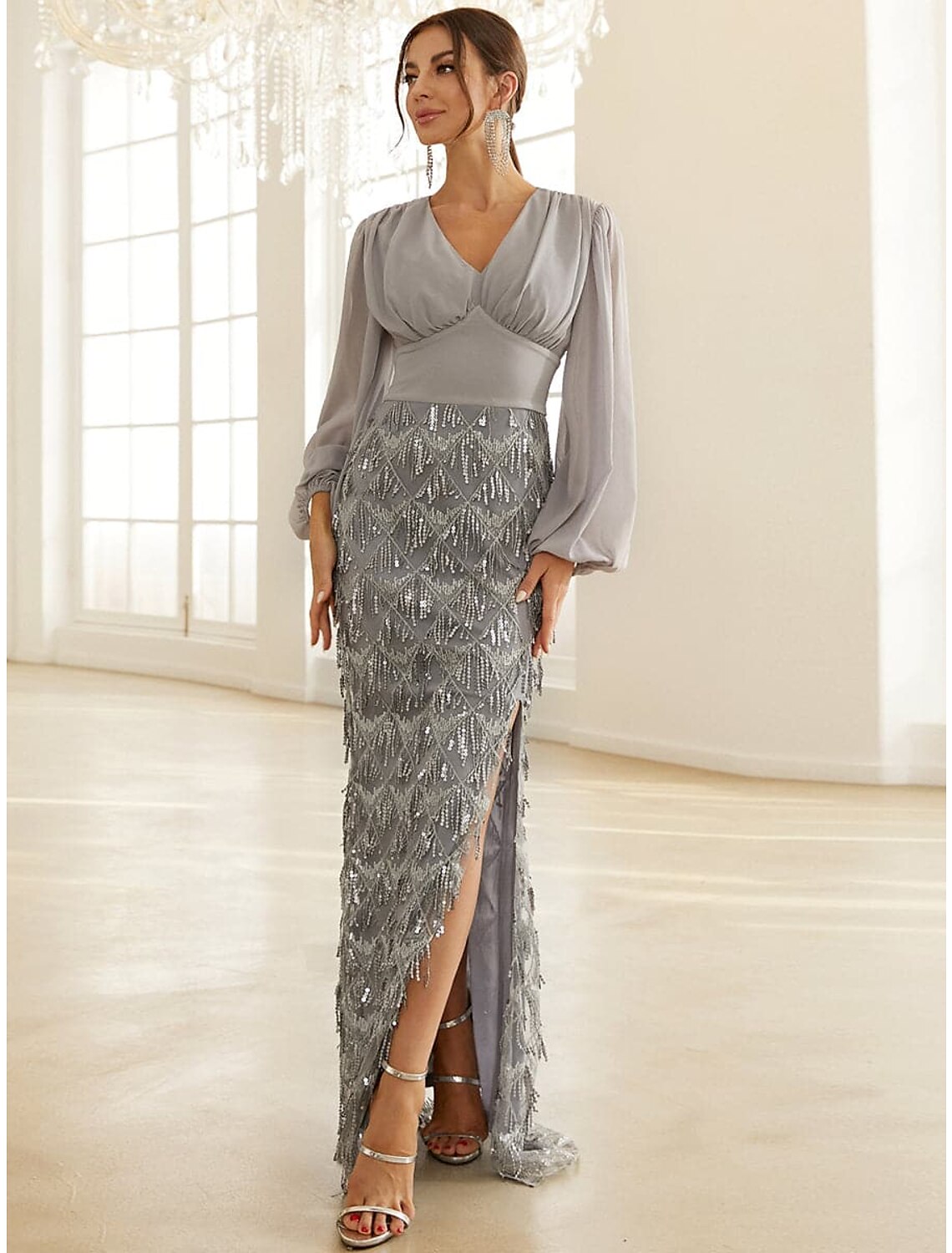 Wholesa A-Line Evening Gown Elegant Dress Formal Floor Length Long Sleeve V Neck Sequined with Glitter Ruched Slit