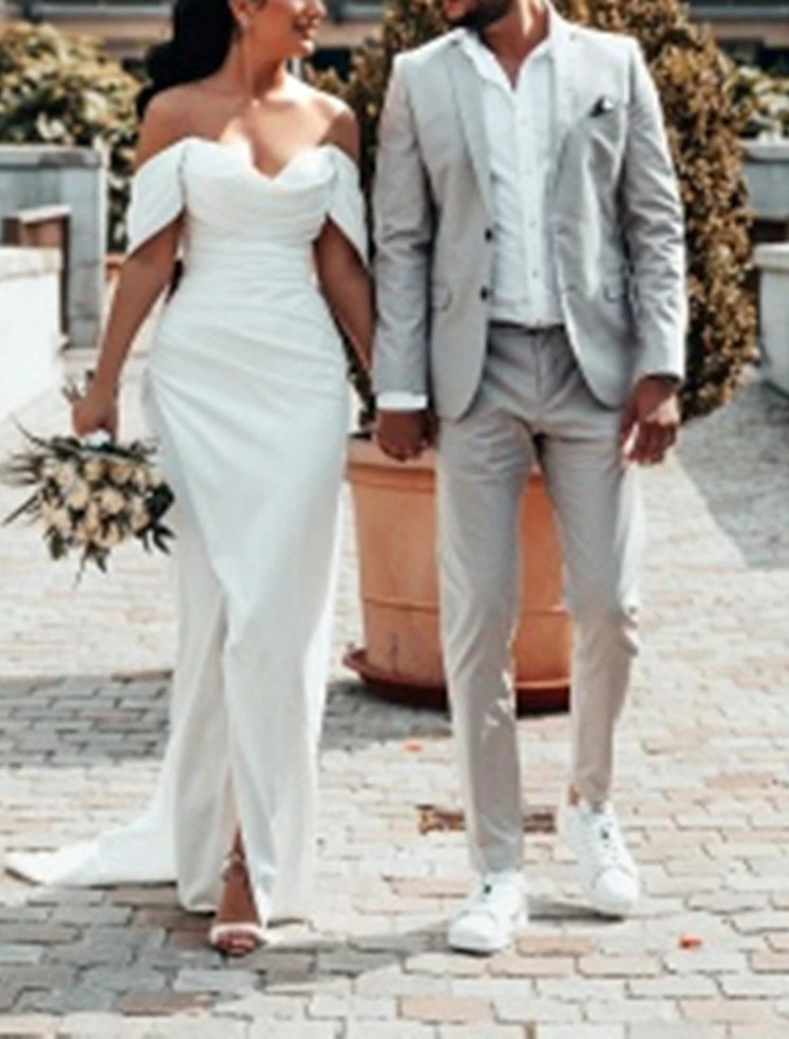 Wholesa Hall Simple Wedding Dresses Sheath / Column Off Shoulder Cap Sleeve Court Train Satin Bridal Gowns With Ruched Split Front Summer Wedding Party