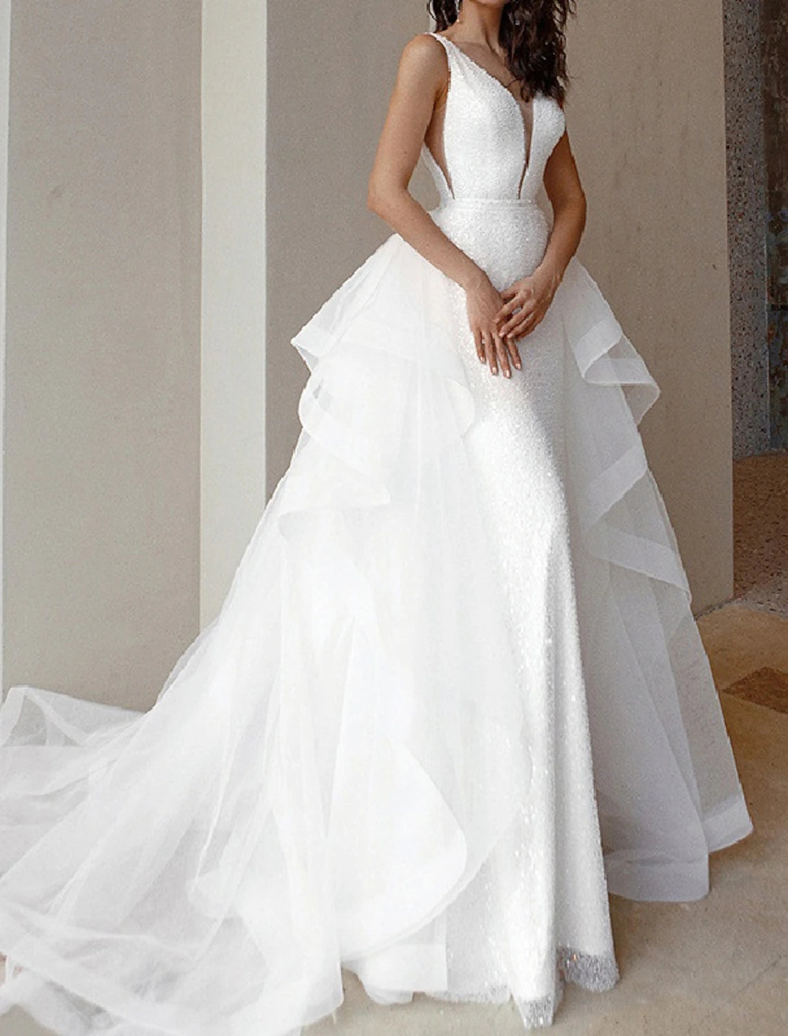 Wholesa  Engagement Sparkle & Shine Formal Wedding Dresses Mermaid / Trumpet V Neck Sleeveless Court Train Tulle Bridal Gowns With Beading Sequin
