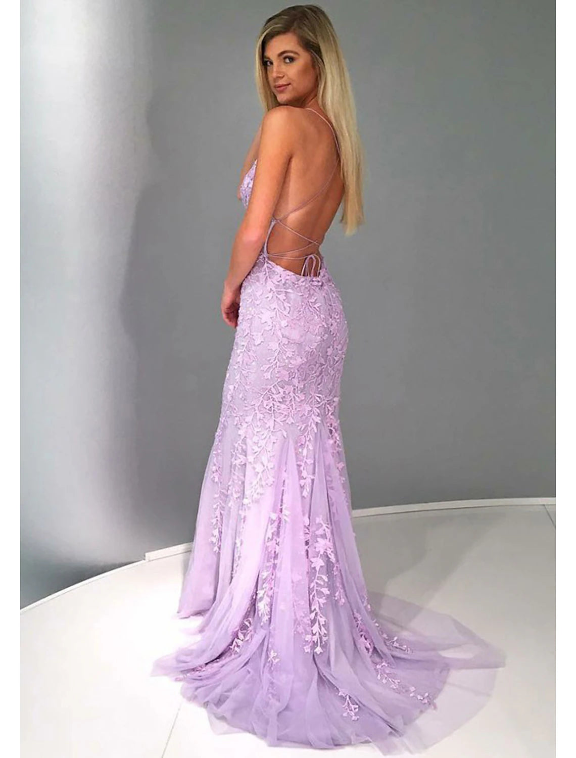 wholesale  Mermaid / Trumpet Prom Dresses Open Back Dress Formal Prom Court Train Sleeveless Strapless Lace Backless with Appliques