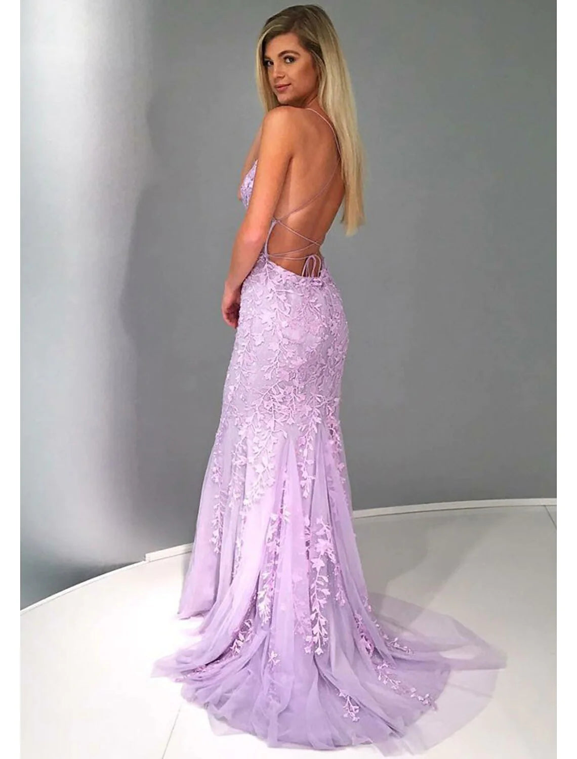 Wholesa Mermaid / Trumpet Prom Dresses Sexy Dress Formal Court Train Sleeveless Strapless Lace Backless with Appliques