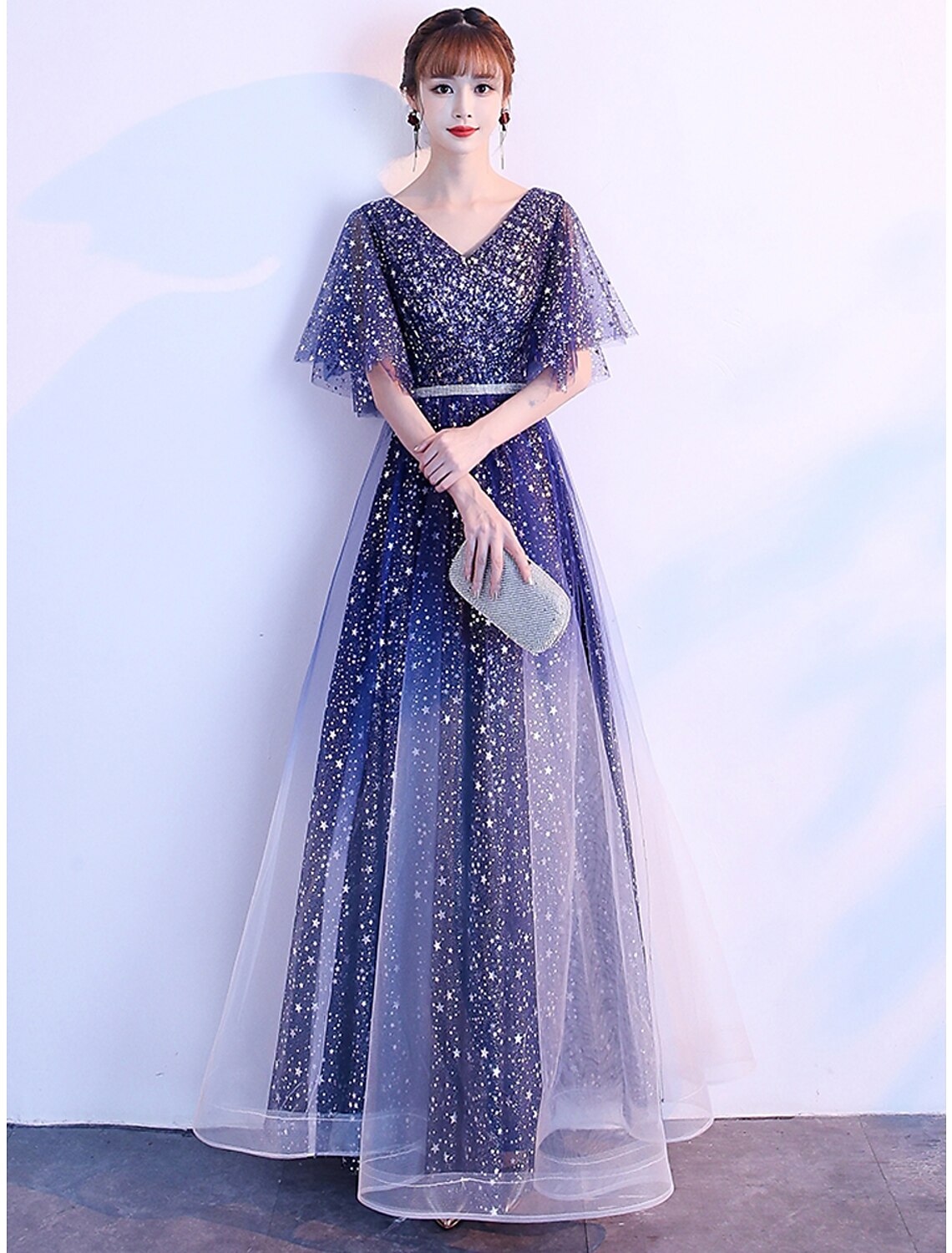 Wholesa A-Line Ombre Prom Birthday Dress V Neck Short Sleeve Floor Length Tulle with Sash / Ribbon Crystals