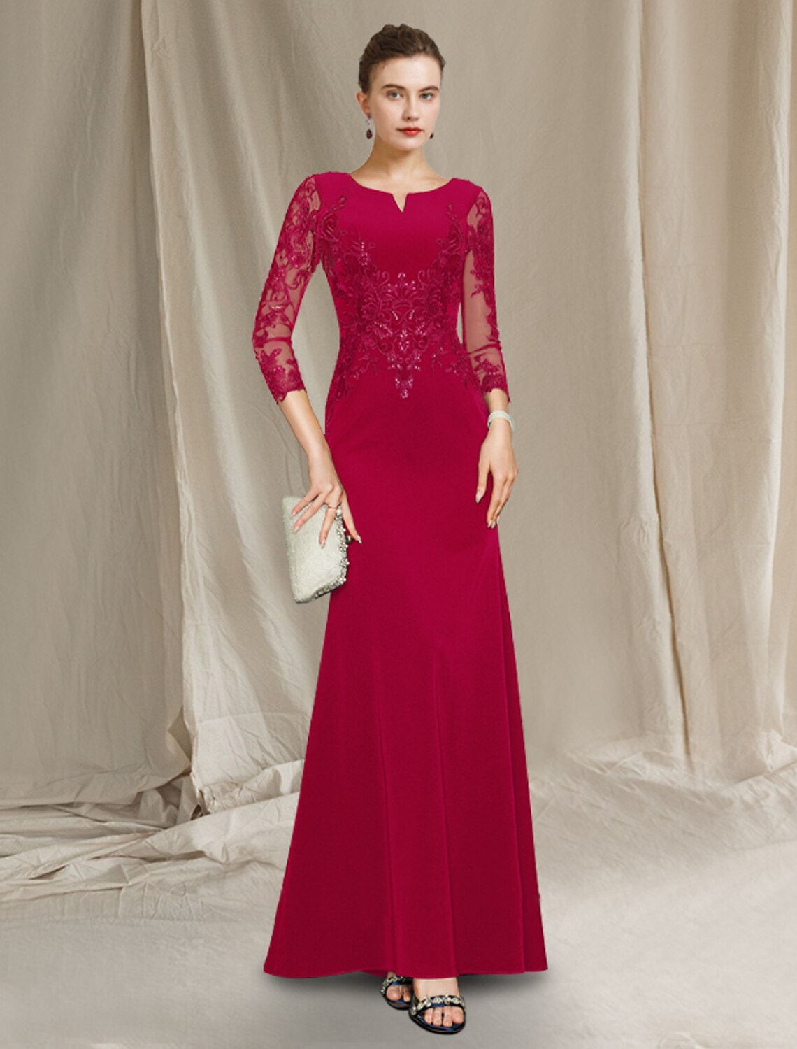 wholesale  Sheath / Column Mother of the Bride Dress Elegant Jewel Neck Floor Length Chiffon Lace Short Sleeve with Sequin Ruffles Appliques