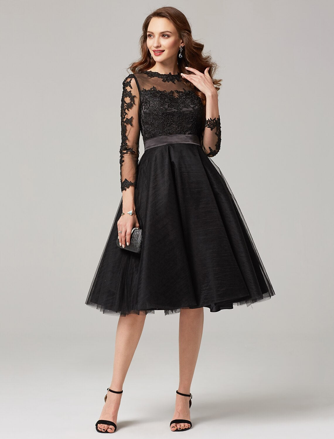 wholesale  A-Line Elegant Dress Wedding Guest Prom Knee Length 3/4 Length Sleeve Illusion Neck Tulle Over Lace with Appliques