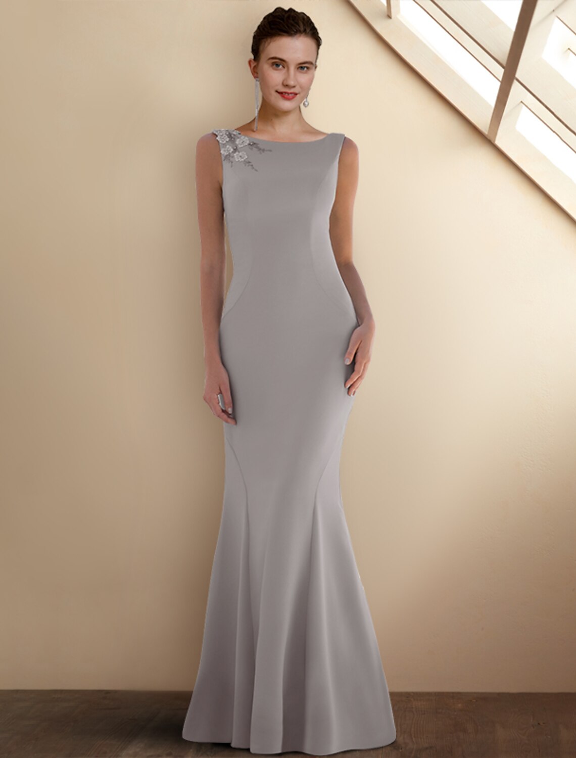 wholesale   Mermaid / Trumpet Mother of the Bride Dress Elegant Jewel Neck Sweep / Brush Train Stretch Chiffon Sleeveless Short Jacket Dresses with Appliques