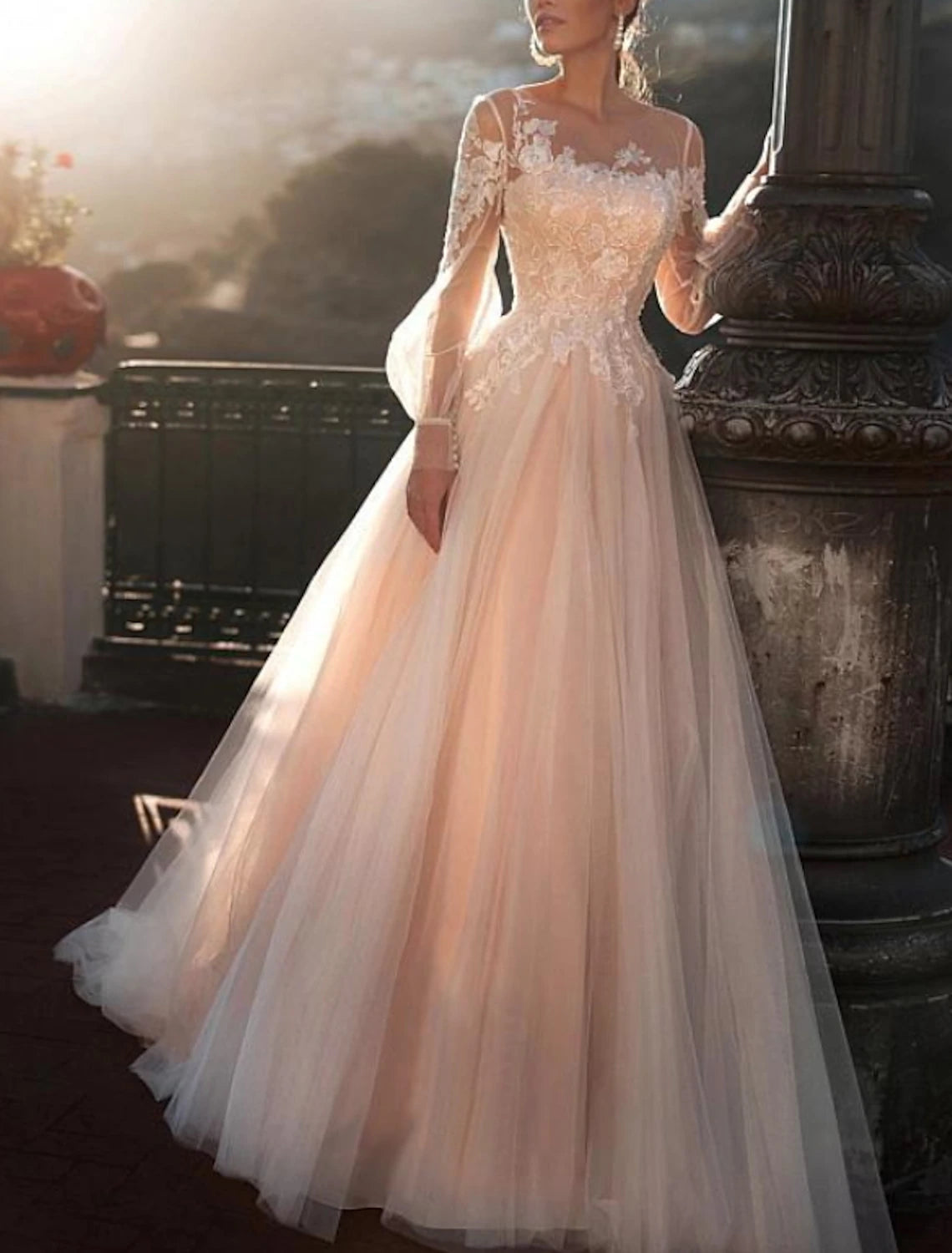 Wholesa Beach Wedding Dresses in Color Wedding Dresses A-Line Illusion Neck Long Sleeve Sweep / Brush Train Lace Bridal Gowns With Embroidery Appliques