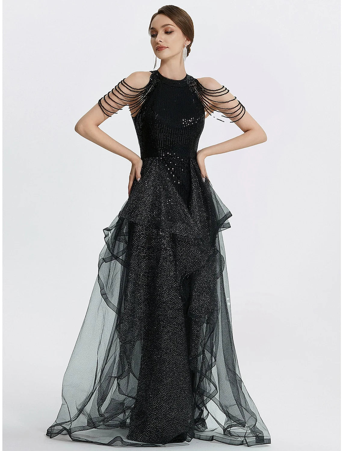 Wholesa Mermaid / Trumpet Prom Dresses Black Dress Dress Quinceanera Floor Length Short Sleeve Jewel Neck Tulle with Beading