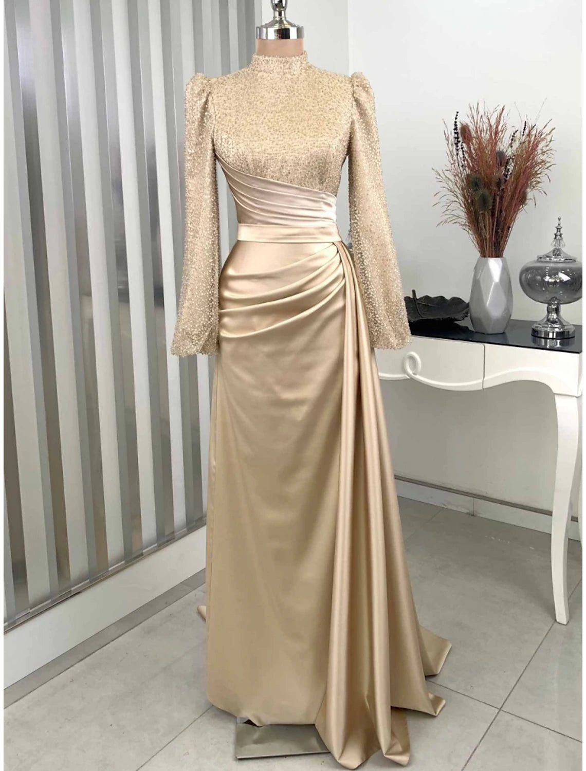 Wholesa  A-Line Evening Gown Champagne Christmas Elegant Dress Formal Sweep / Brush Train Long Sleeve High Neck Satin with Glitter Pleats Ruched