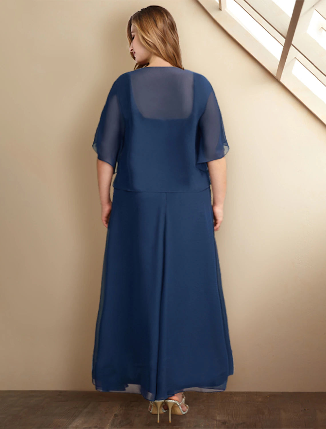 wholesale  Two Piece A-Line Mother of the Bride Dresses Plus Size Hide Belly Curve Elegant Dress Formal Asymmetrical Half Sleeve Square Neck Chiffon with Pleats Appliques
