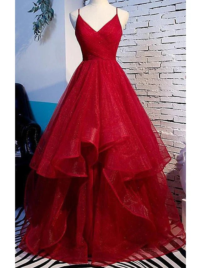 Wholesa A-Line Prom Dresses Sexy Dress Party Wear Floor Length Sleeveless Spaghetti Strap Tulle with Ruffles