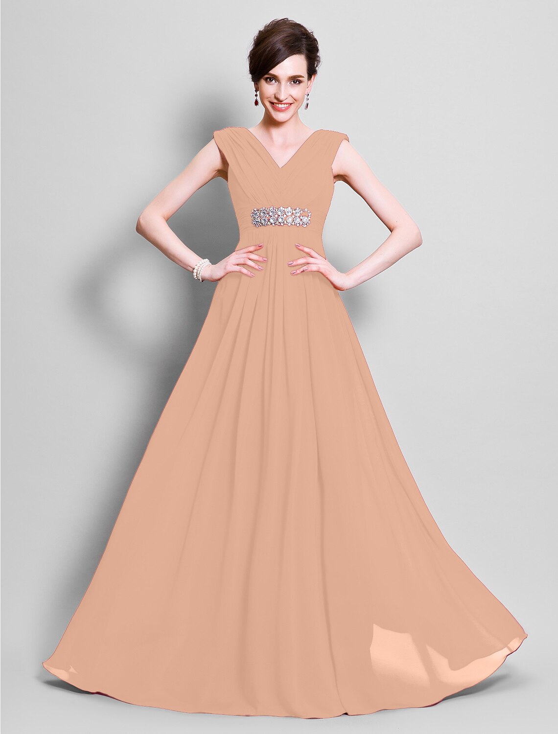 wholesale   A-Line Mother of the Bride Dress V Neck Floor Length Chiffon Sleeveless with Beading Side Draping