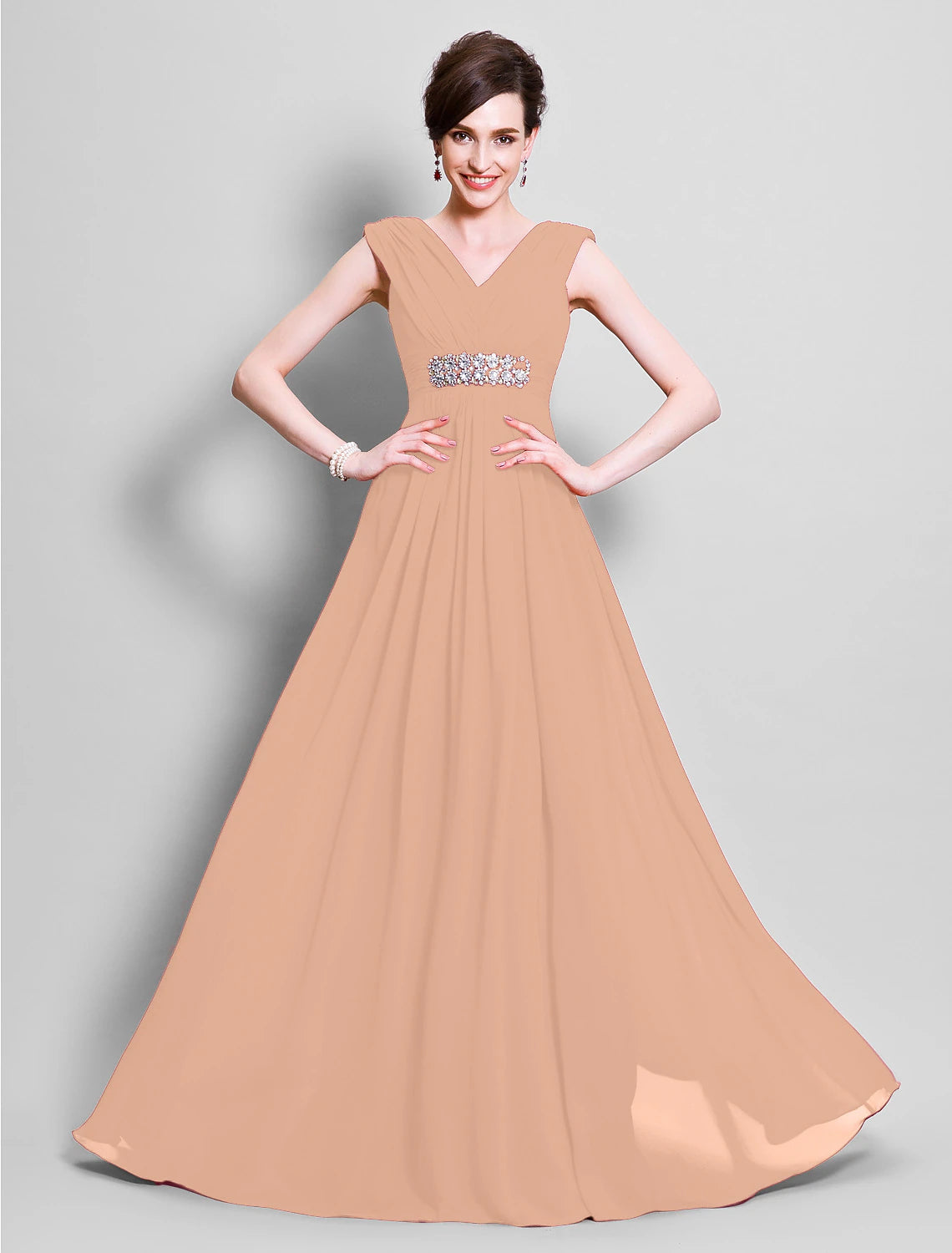 wholesale  A-Line Mother of the Bride Dress Open Back V Neck Floor Length Chiffon Sleeveless with Beading Side Draping