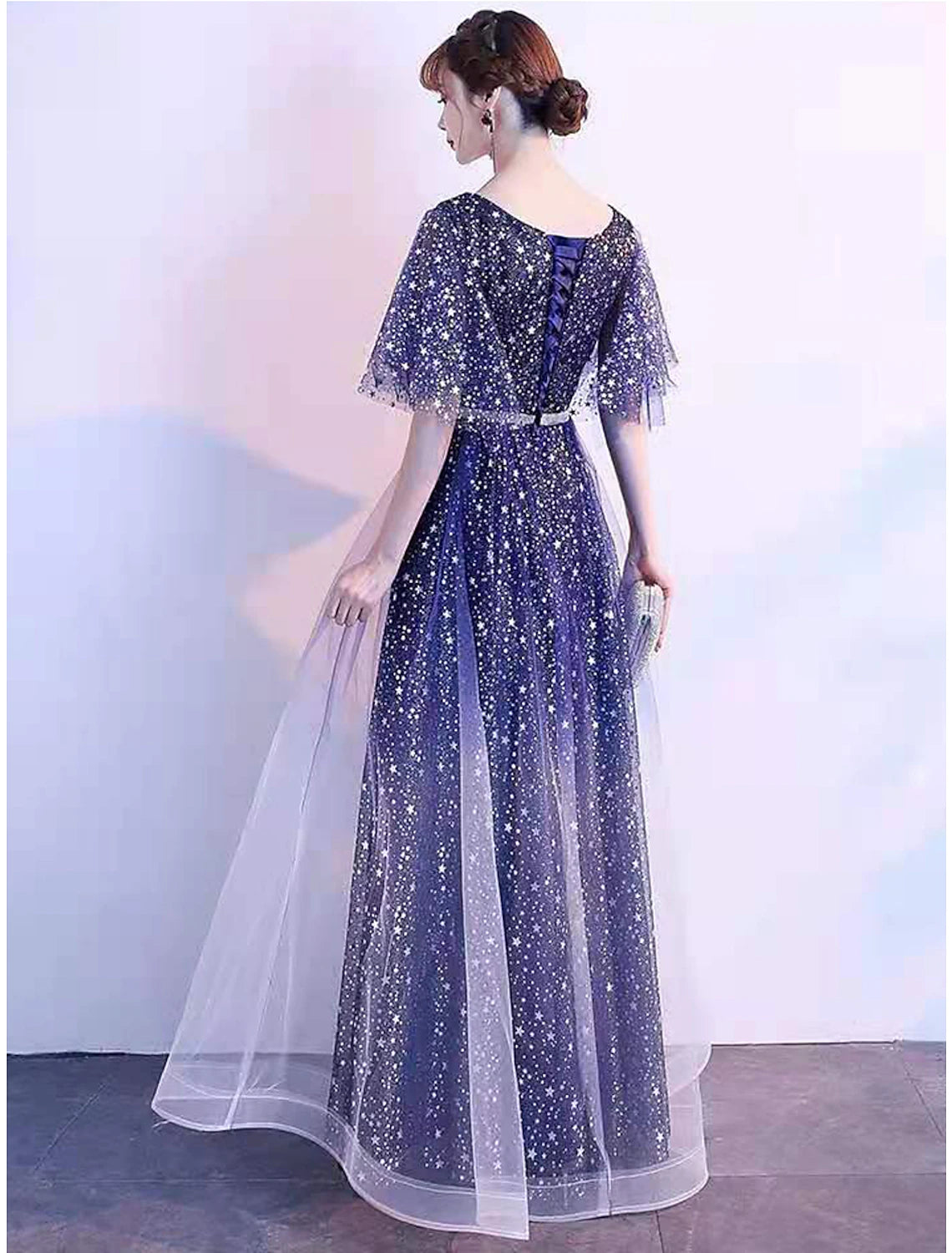 Wholesa A-Line Ombre Prom Birthday Dress V Neck Short Sleeve Floor Length Tulle with Sash / Ribbon Crystals