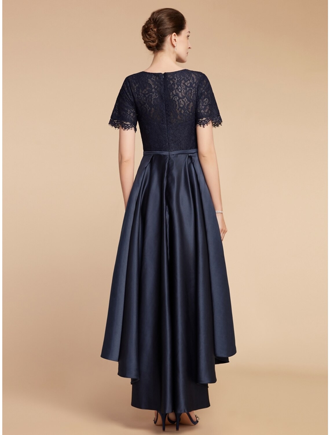 Wholesa  A-Line Mother of the Bride Dress Wedding Guest Elegant Jewel Neck Asymmetrical Satin Lace Short Sleeve with Ruching Solid Color