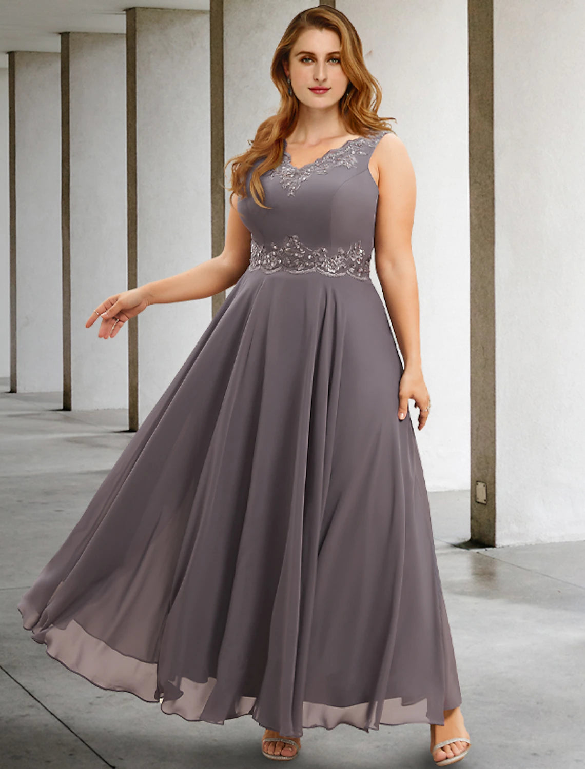 wholesale  Two Piece A-Line Wedding Guest Dresses Plus Size Hide Belly Elegant Dress Formal Tea Length Sleeveless V Neck Chiffon with Appliques
