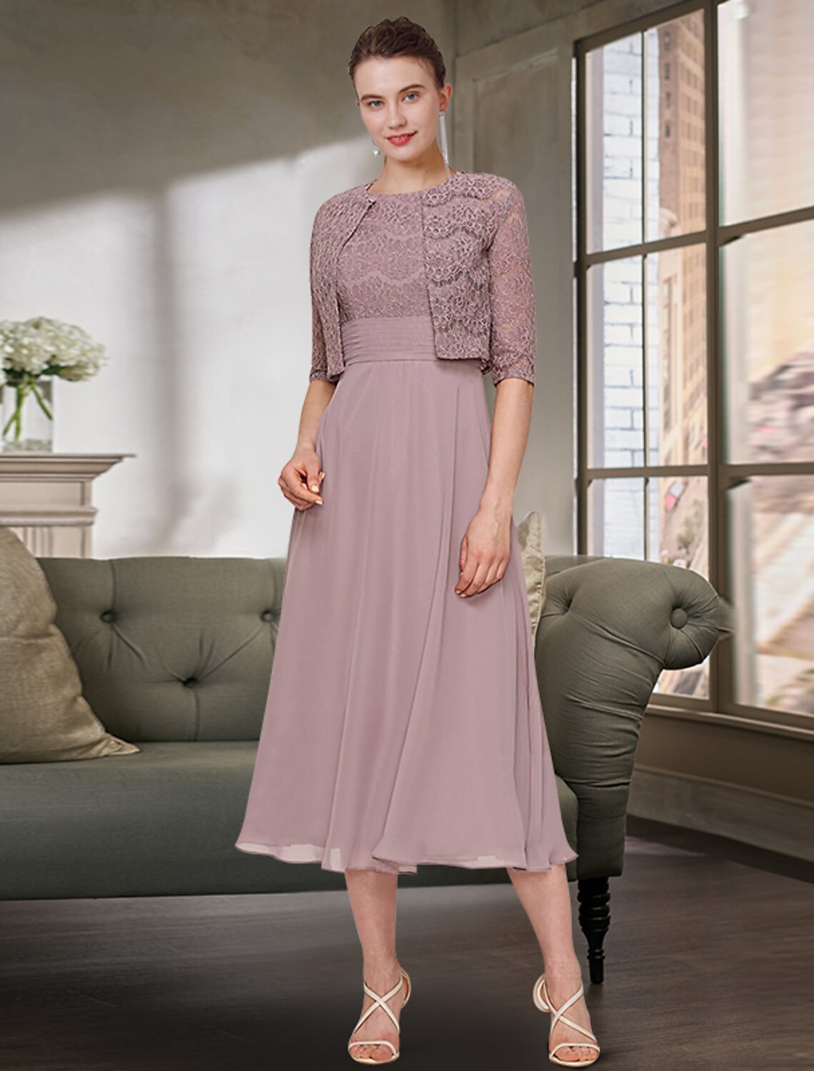 wholesale  Two Piece Mother of the Bride Dress Wedding Guest Elegant Jewel Neck Tea Length Chiffon Lace Half Sleeve with Solid Color