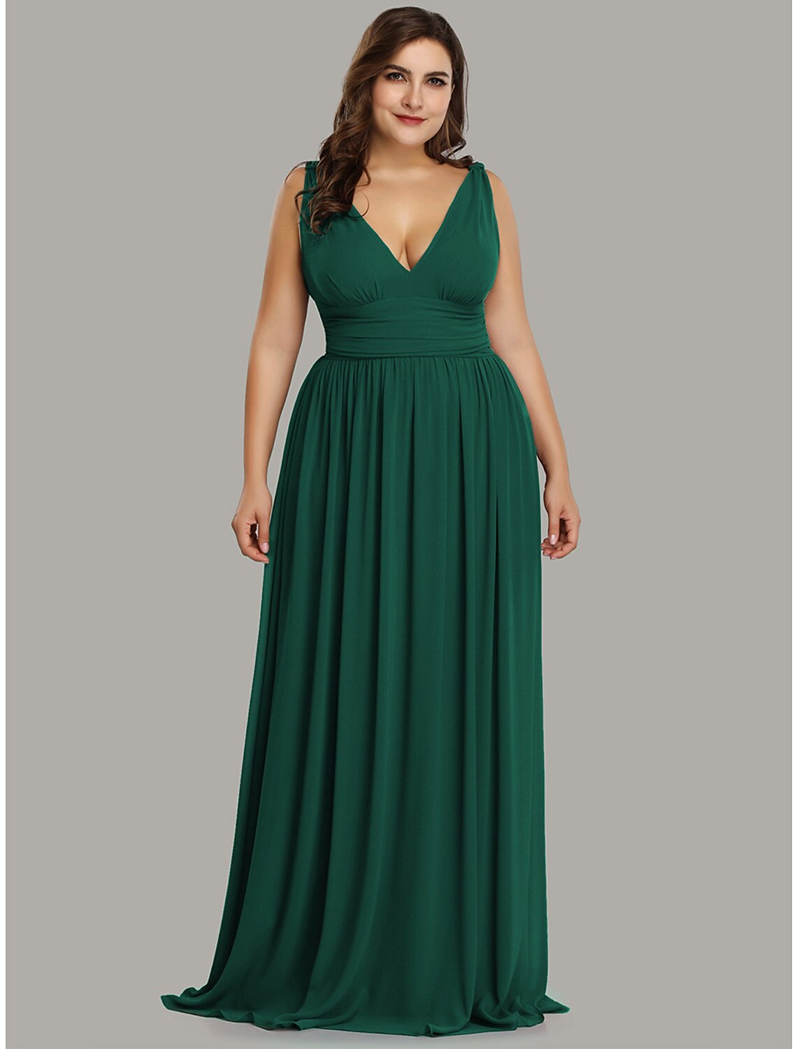 Wholesa A-Line Plus Size Wedding Guest Formal Evening Dress V Neck V Back Sleeveless Floor Length Chiffon with Pleats