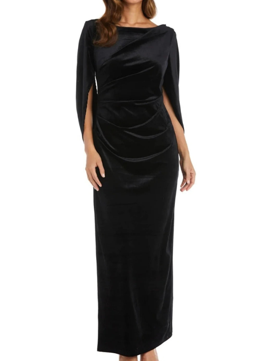 Wholesa Sheath / Column Mother of the Bride Dress Wedding Guest Elegant Scoop Neck Ankle Length Velvet Short Sleeve with Ruching Solid Color