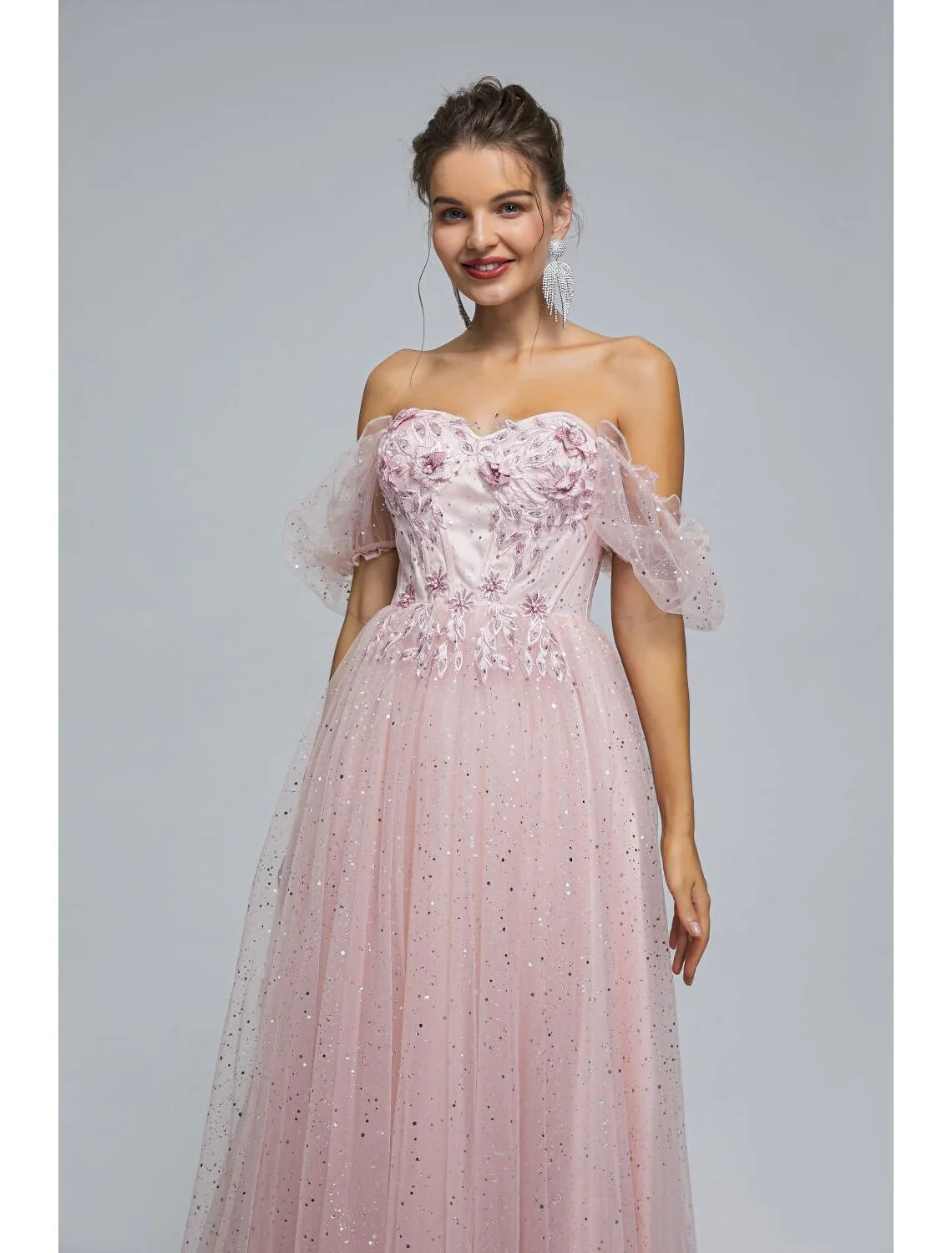 Wholesa A-Line Prom Dresses Princess Dress Quinceanera Tea Length Short Sleeve Off Shoulder Tulle with Sequin Appliques