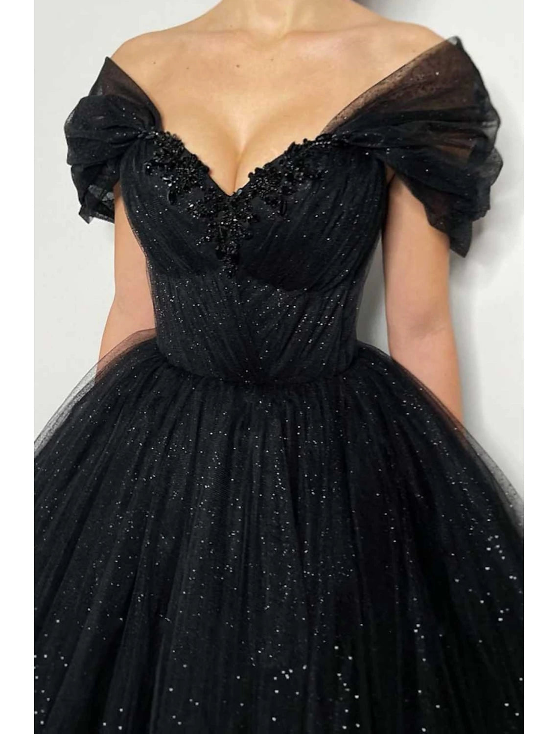 Wholesa A-Line Prom Dresses Elegant Dress Formal Floor Length Black Dress Short Sleeve Off Shoulder Tulle with Pleats Beading Sequin