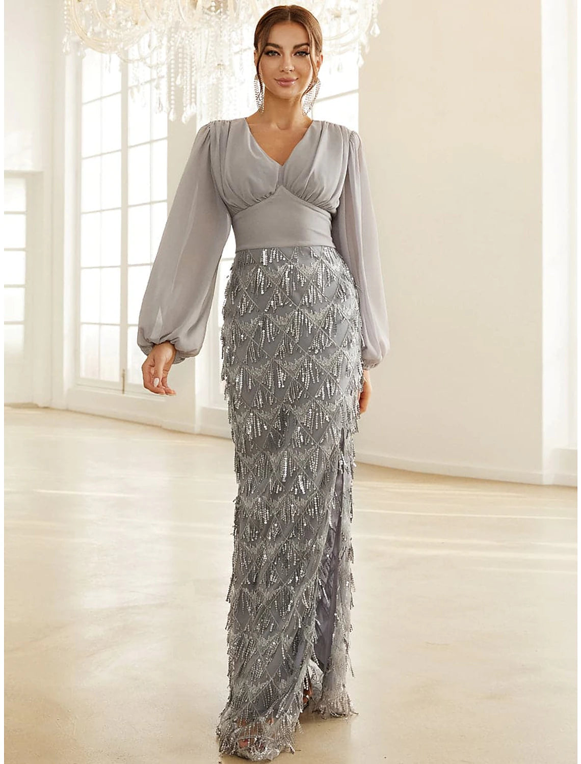 Wholesa A-Line Evening Gown Elegant Dress Formal Floor Length Long Sleeve V Neck Sequined with Glitter Ruched Slit