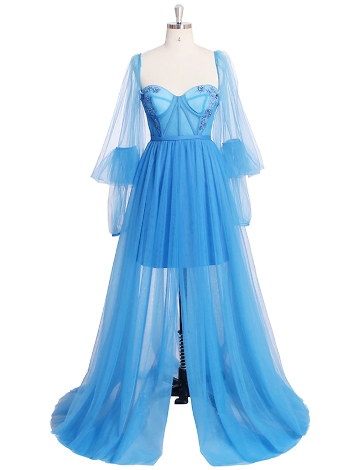 wholesale  A-Line Corsets Luxurious Elegant Engagement Formal Evening Birthday Dress Scoop Neck Long Sleeve Sweep / Brush Train Tulle with Pleats Slit