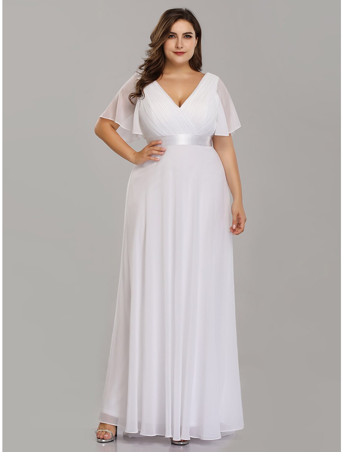 wholesale  A-Line Mother of the Bride Dress Plus Size Elegant V Neck Floor Length Chiffon Short Sleeve with Sash / Ribbon Ruching