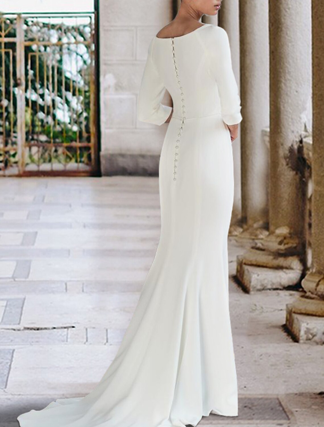 Wholesa Hall Casual Wedding Dresses Mermaid / Trumpet Sweetheart 3/4 Length Sleeve Sweep / Brush Train Stretch Fabric Bridal Gowns With Solid Color