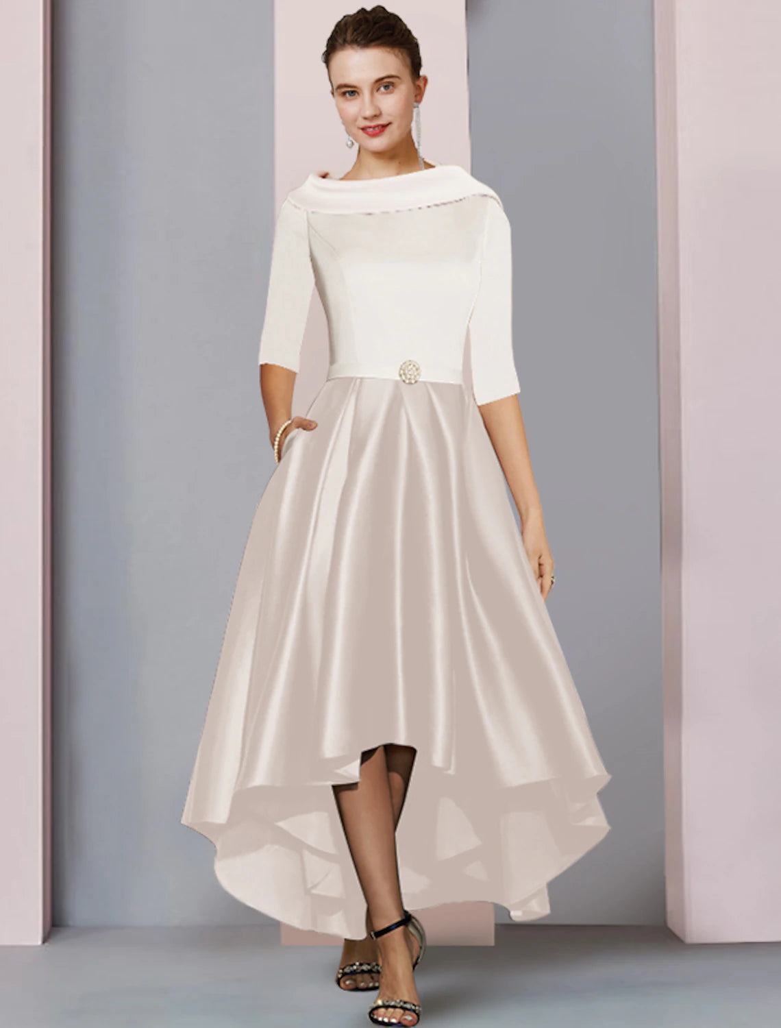 wholesale  A-Line Mother of the Bride Dress Wedding Guest Elegant High Low Scoop Neck Asymmetrical Tea Length Satin Half Sleeve with Pleats Color Block