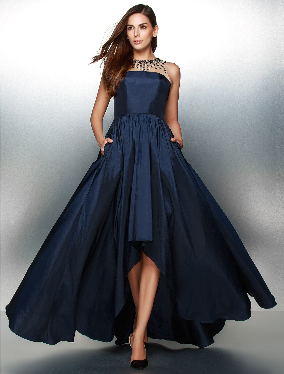 Wholesa A-Line Elegant High Low Prom Formal Evening Dress Illusion Neck Sleeveless Asymmetrical Taffeta with Pleats Beading