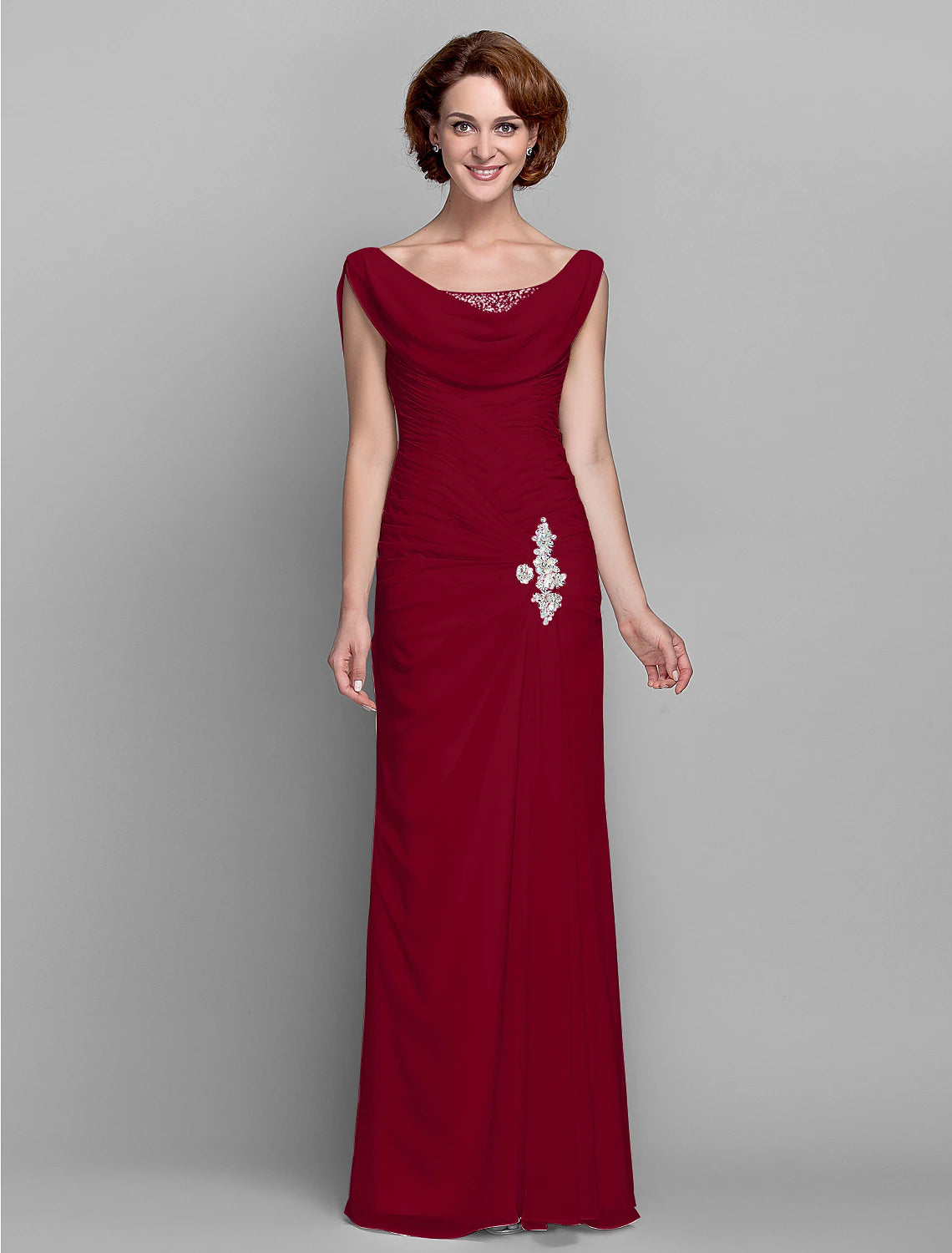 wholesale  Sheath / Column Mother of the Bride Dress Fall Wedding Guest Dresses Vintage Inspired Cowl Neck Floor Length Chiffon Sleeveless with Buttons Criss Cross Crystals