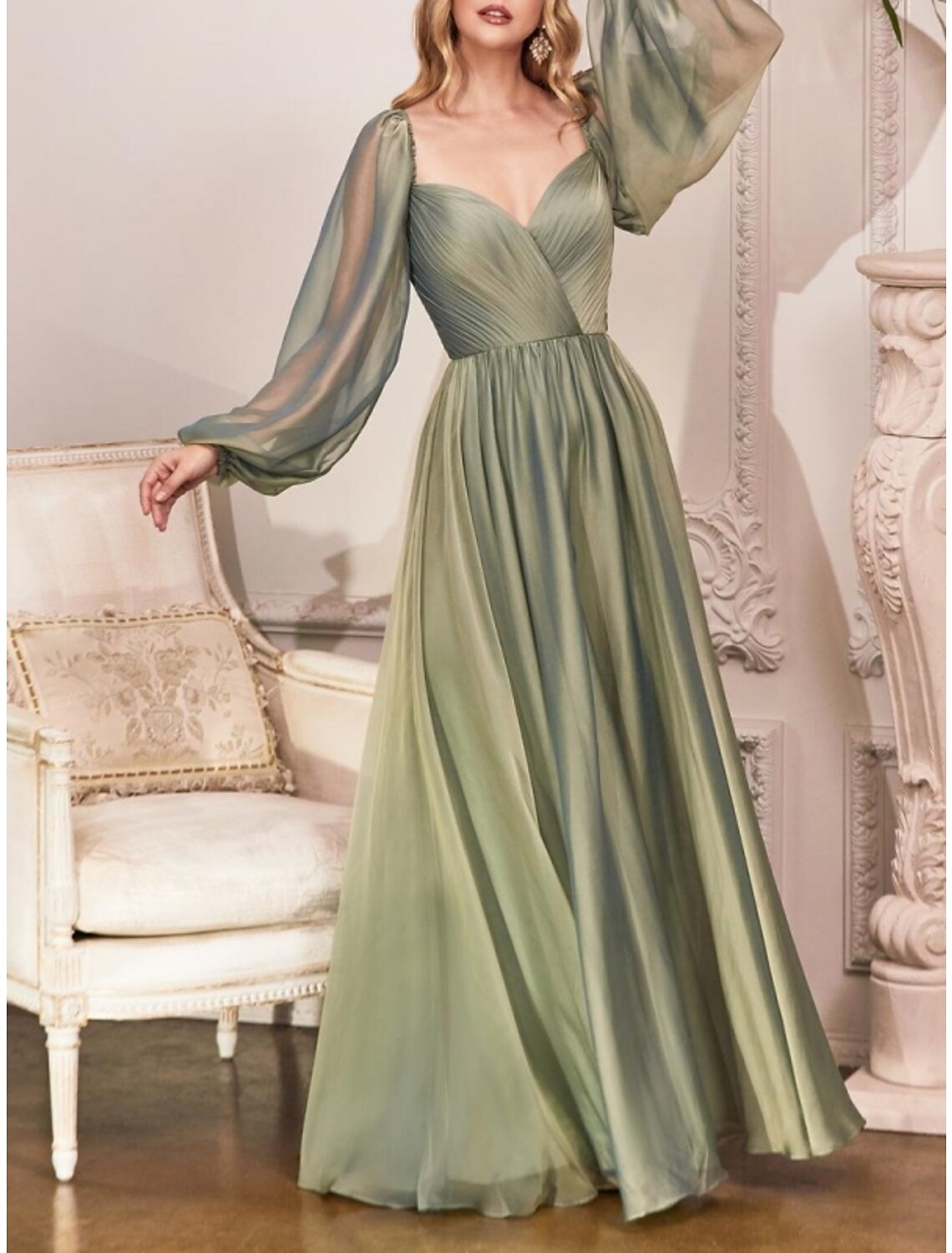 Wholesa Sheath / Column Wedding Guest Dresses Elegant Dress Wedding Guest Floor Length Long Sleeve Sweetheart Bridesmaid Dress Chiffon with Pleats Ruched