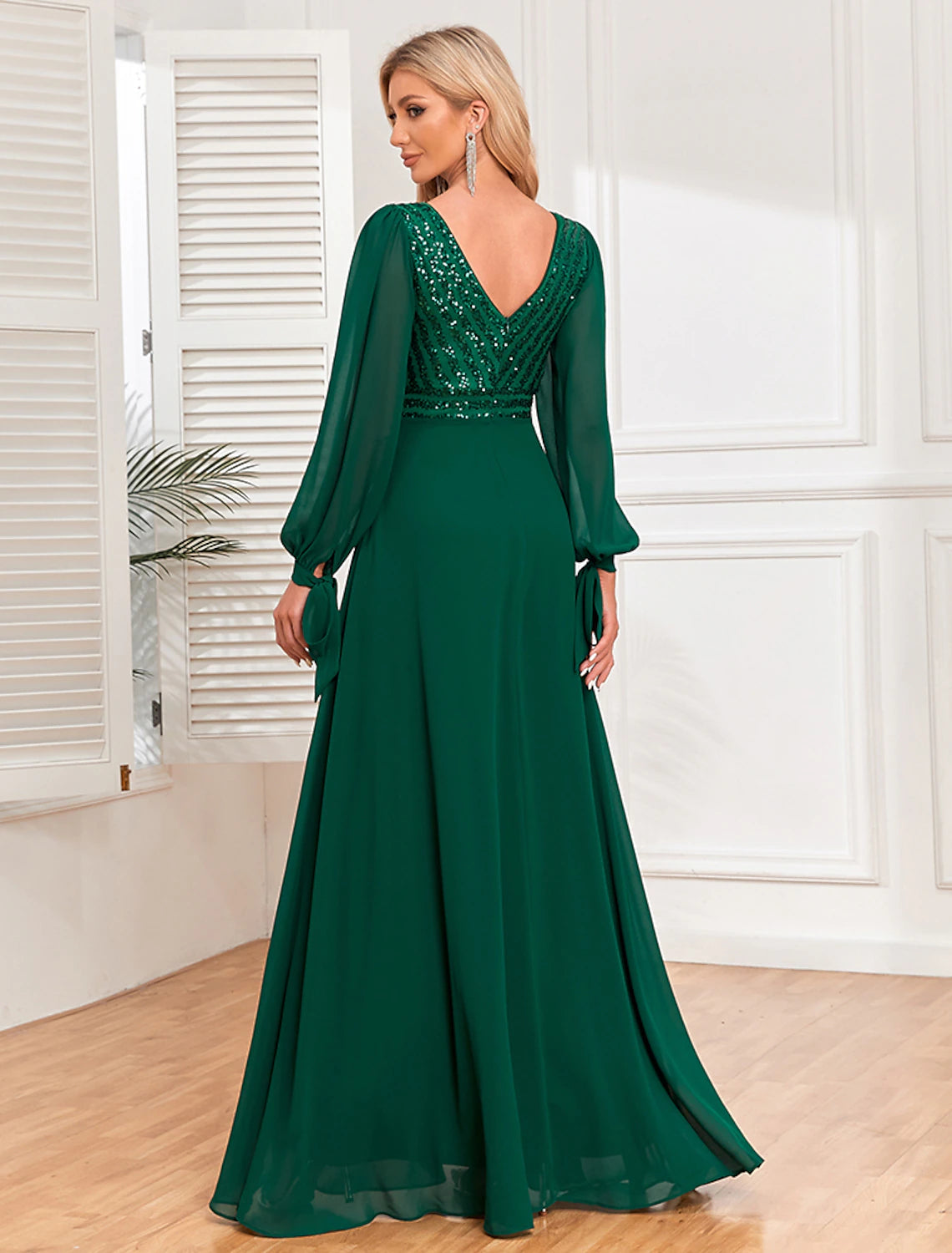 wholesale A-Line Evening Gown Empire Dress Evening Party Wedding Reception Floor Length Long Sleeve V Neck Fall Wedding Guest Chiffon V Back with Sequin