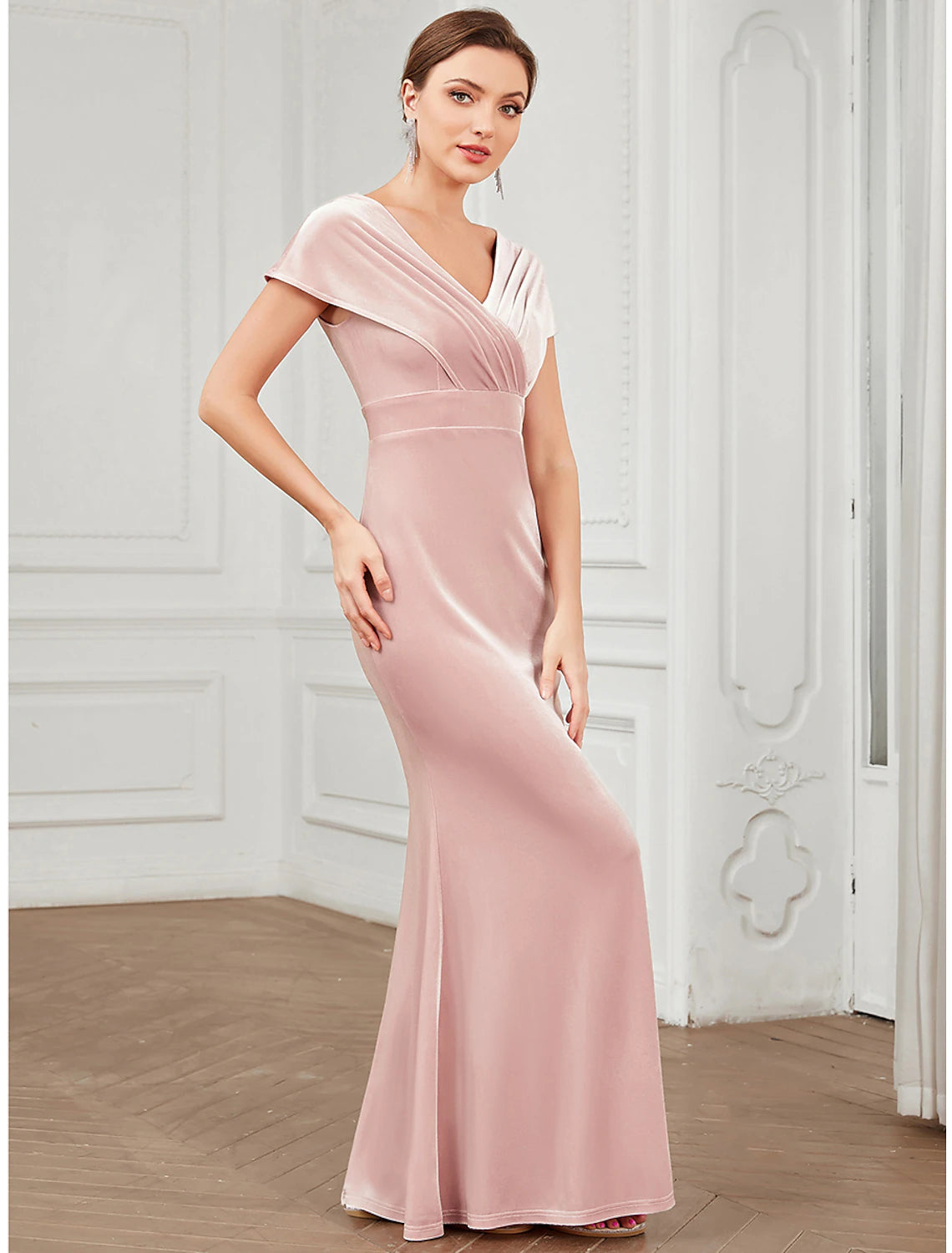 wholesa Mermaid / Trumpet Evening Gown Vintage Dress Christmas Wedding Guest Floor Length Short Sleeve V Neck Velvet V Back with Ruffles