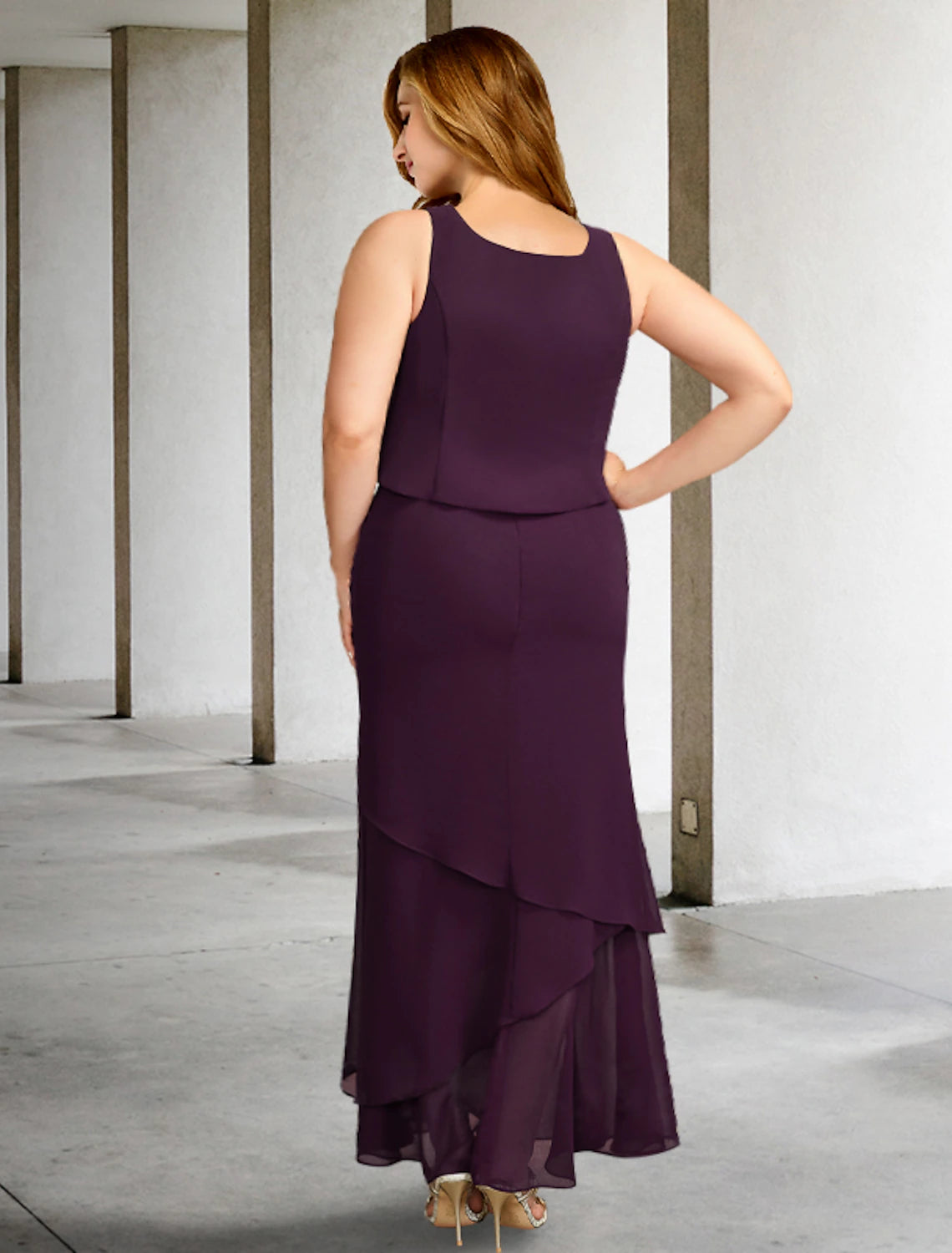 wholesale  Two Piece A-Line Mother of the Bride Dresses Plus Size Hide Belly Curve Elegant Dress Formal Ankle Length Sleeveless Square Neck Chiffon with Beading Ruffles