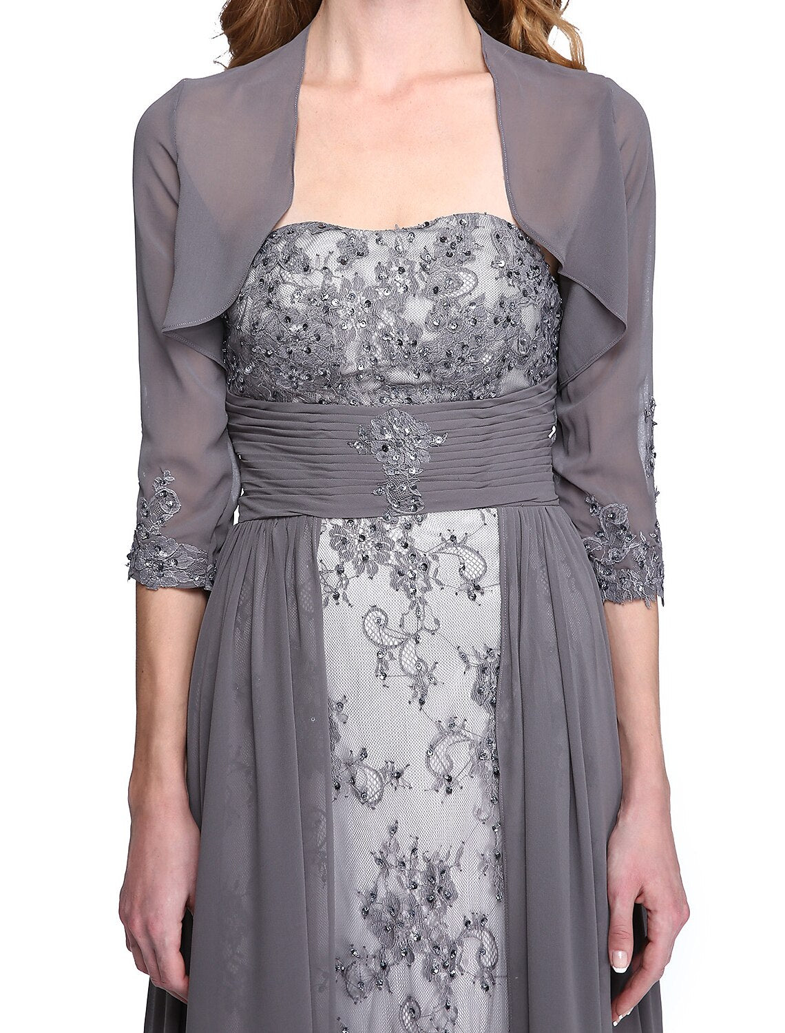 wholesale   A-Line Mother of the Bride Dress Wrap Included Strapless Floor Length Chiffon Beaded Lace Sleeveless yes with Ruched Beading Appliques