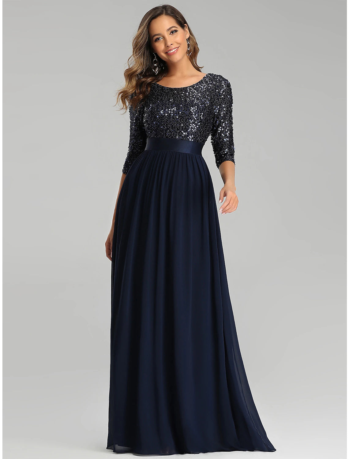 wholesa A-Line Elegant Wedding Guest Formal Evening Dress Jewel Neck 3/4 Length Sleeve Floor Length Tulle with Sequin