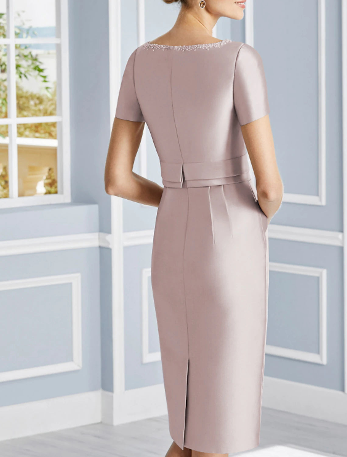 Wholesa Two Piece Sheath / Column Mother of the Bride Dress Wedding Guest Church Elegant Luxurious Jewel Neck Knee Length Satin Short Sleeve with Pearls