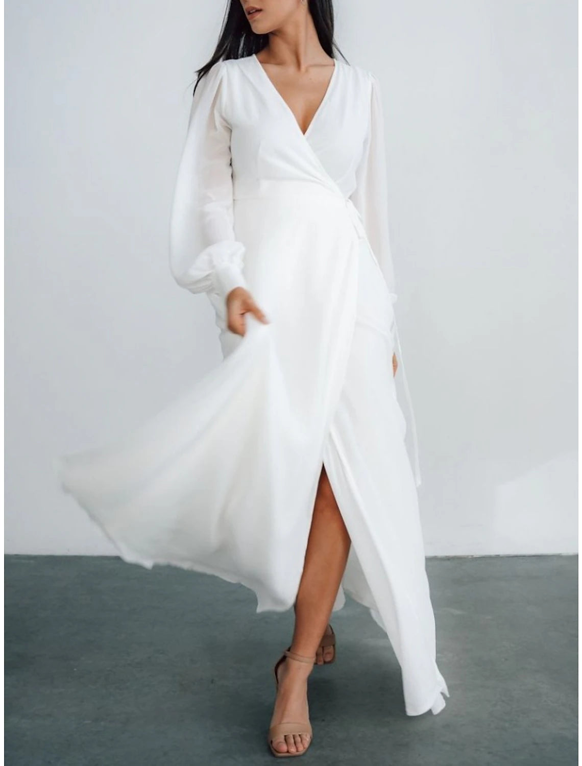 Wholesa Little White Dresses Wedding Dresses A-Line V Neck Long Sleeve Ankle Length Chiffon Bridal Gowns With Pleats Split Front