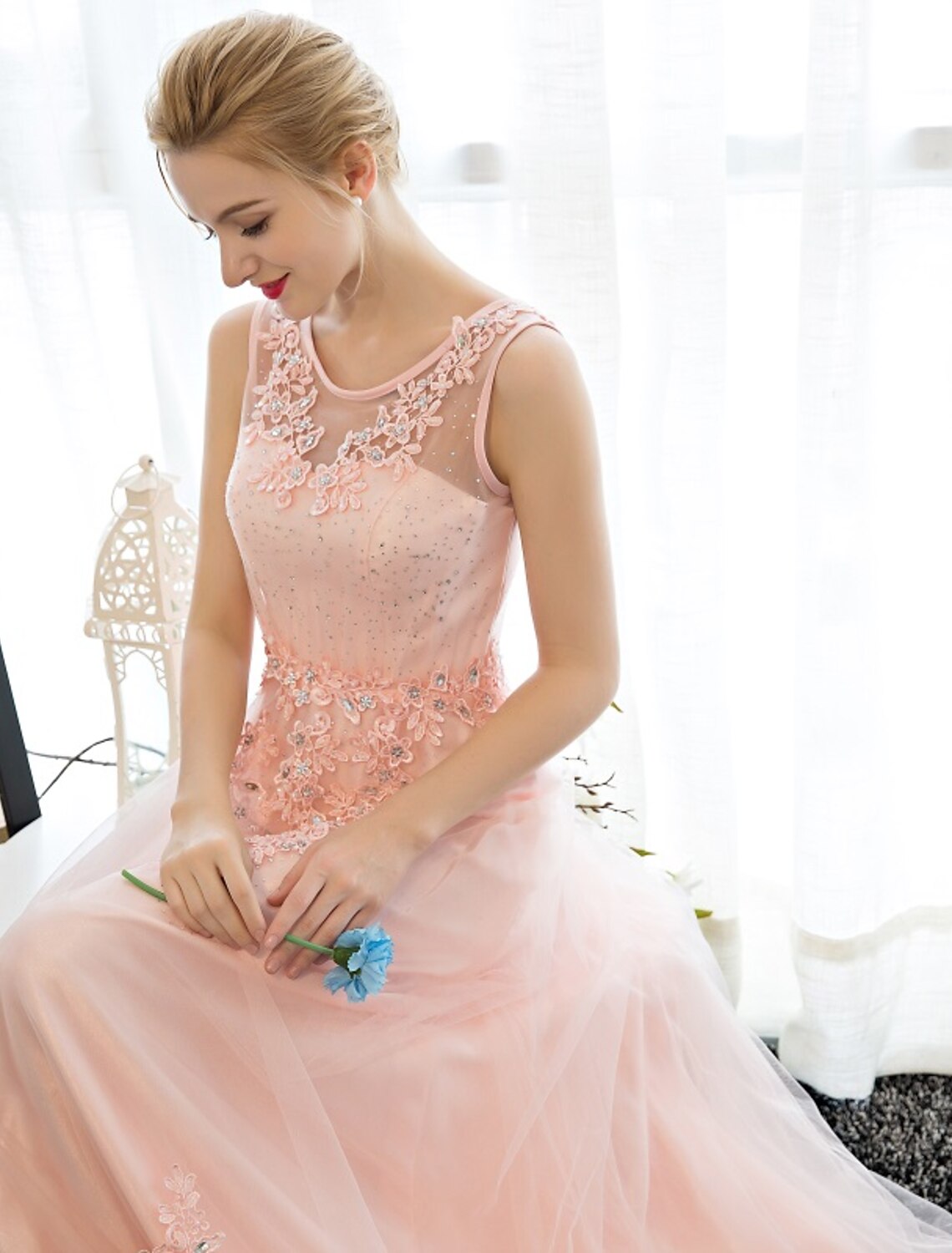 Wholesa Sheath / Column Dress Wedding Guest Prom Floor Length Sleeveless Illusion Neck Satin with Crystals Appliques