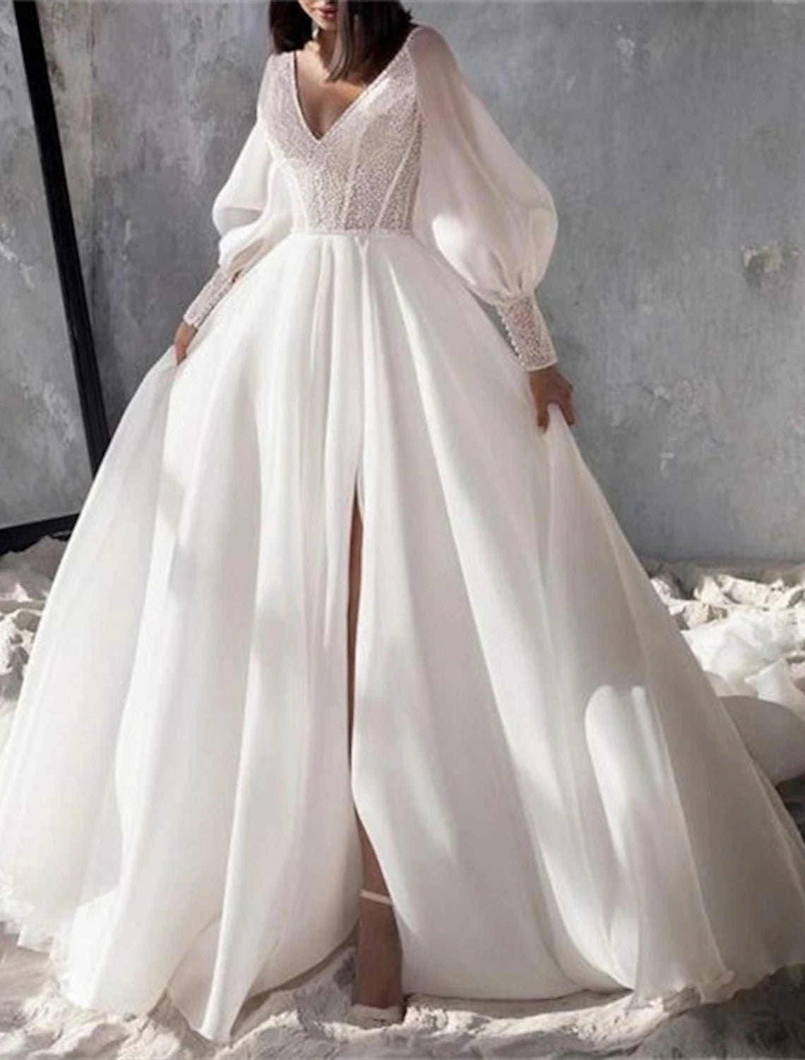 Wholesa Sparkle & Shine Formal Wedding Dresses A-Line V Neck Long Sleeve Chapel Train Organza Bridal Gowns With Split Front