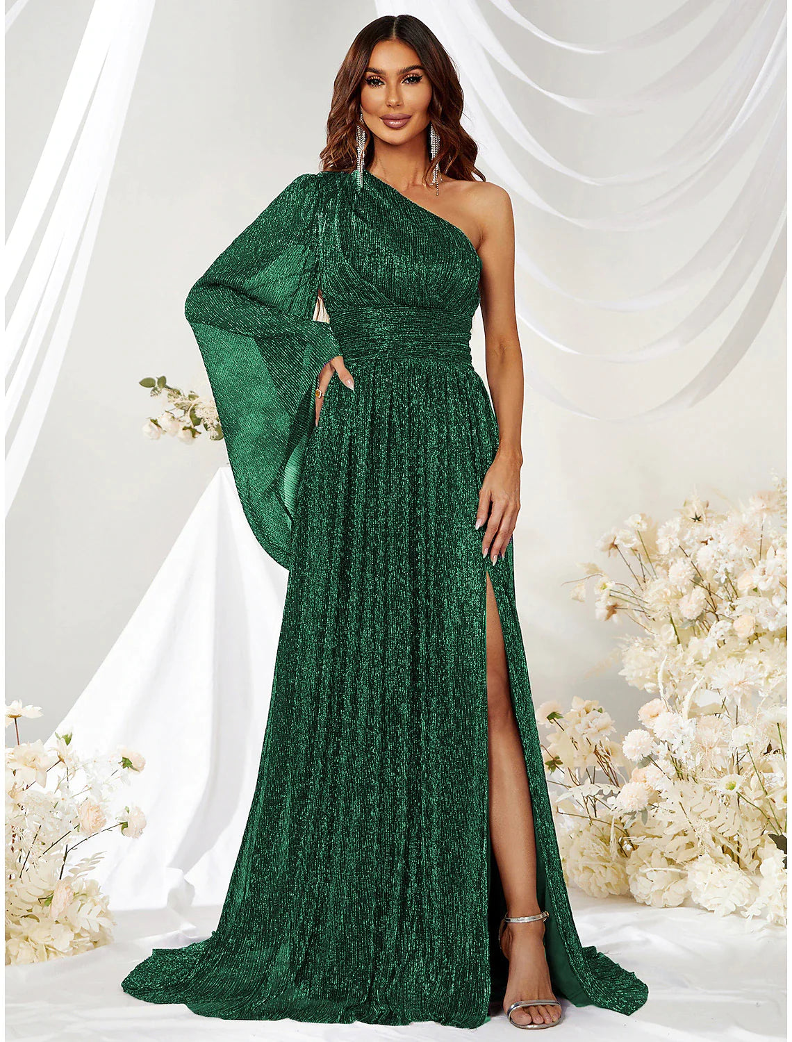 Wholesa A-Line Wedding Guest Dresses Sparkle & Shine Dress Formal Evening Party Sweep / Brush Train Long Sleeve One Shoulder Polyester with Glitter Slit