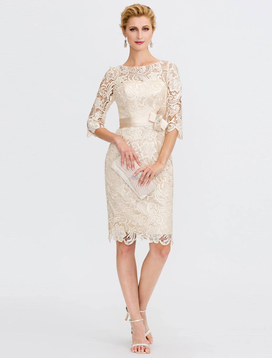 wholesale  Sheath / Column Mother of the Bride Dress Formal Wedding Guest Plus Size Elegant Illusion Neck Knee Length All Over Lace 3/4 Length Sleeve with Bow(s)