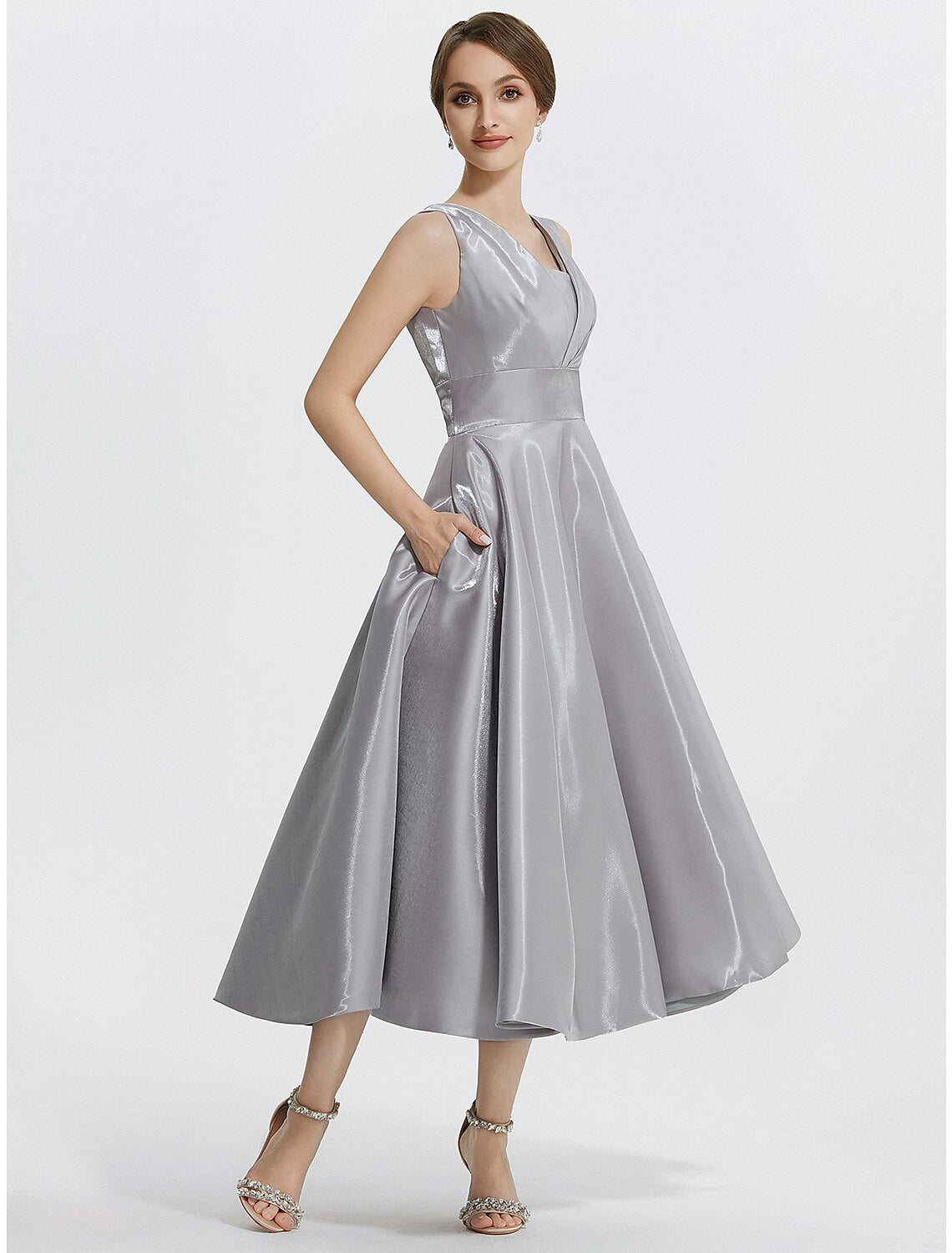Wholesa A-Line Cocktail Dresses Elegant Dress Formal Wedding Guest Tea Length Sleeveless V Neck Satin with Pocket