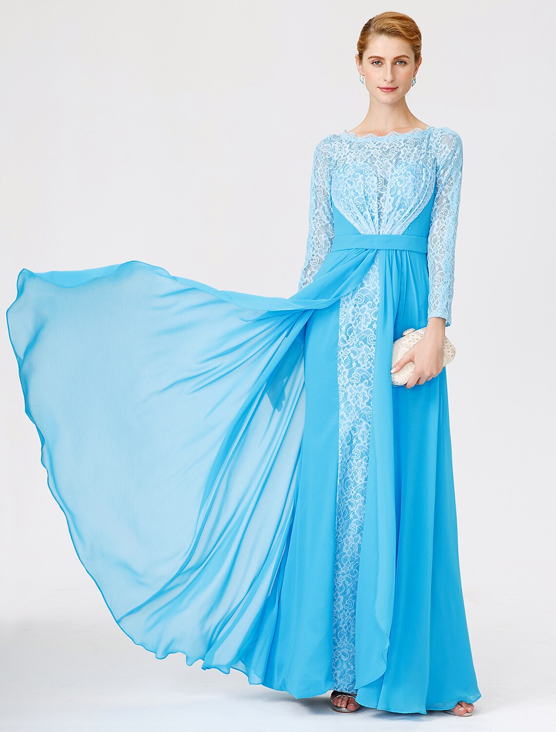 Wholesa A-Line Ball Gown Scoop Neck Floor Length Chiffon Lace Mother of the Bride Dress with Sash