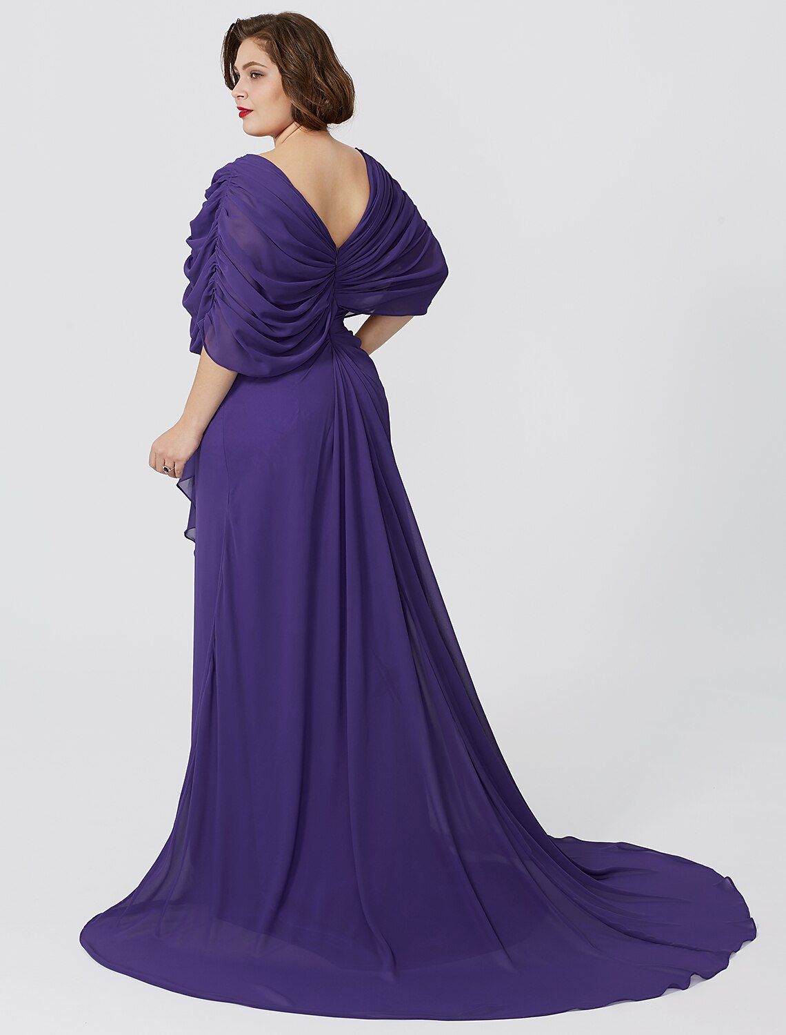 wholesale  Sheath / Column Mother of the Bride Dress Formal Classic & Timeless Elegant & Luxurious Plus Size Hide Belly V Neck Sweep / Brush Train Floor Length Chiffon Short Sleeve No with Criss Cross