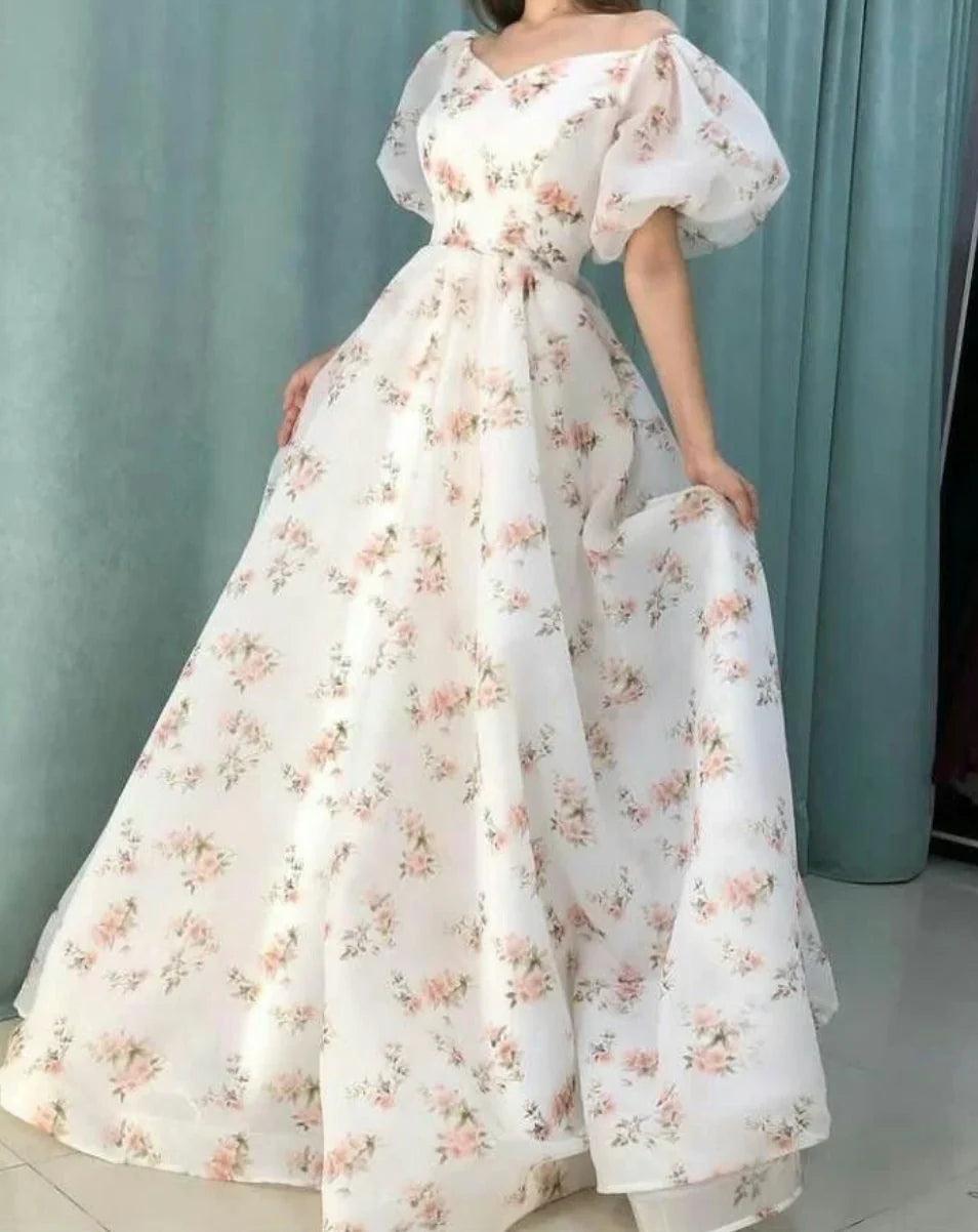 A Line V Neck Puff Sleeves Romantic Floral Dress Retro Long Prom Dress