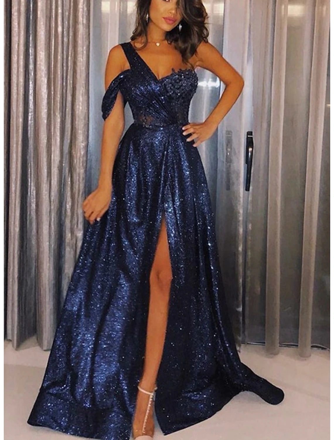 Wholesa A-Line Evening Gown Elegant Dress Formal Floor Length Sleeveless One Shoulder Sequined with Glitter Slit Appliques